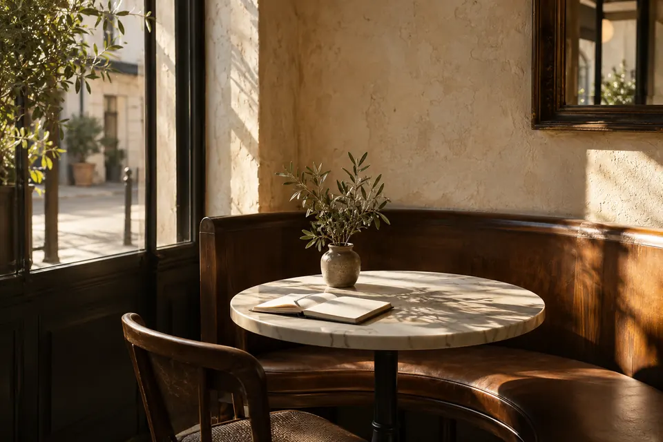 A sunlit marble corner table with a walnut banquette and an open notebook.