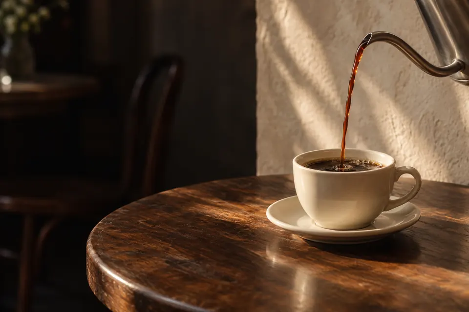 Coffee pouring into an ivory cup on a walnut café table in warm morning light.