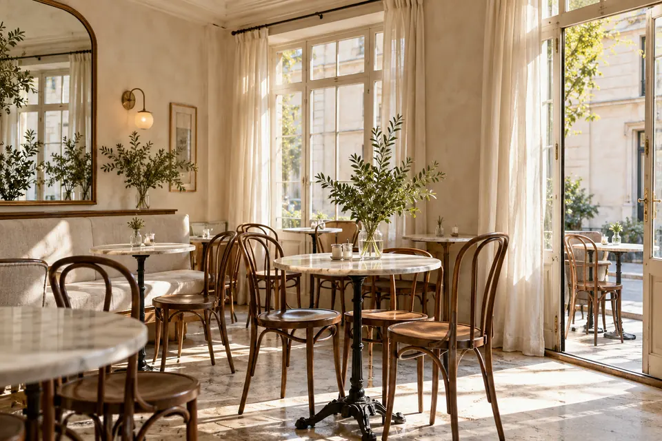 Bright empty café with cream walls, walnut chairs and marble tables beside tall windows.