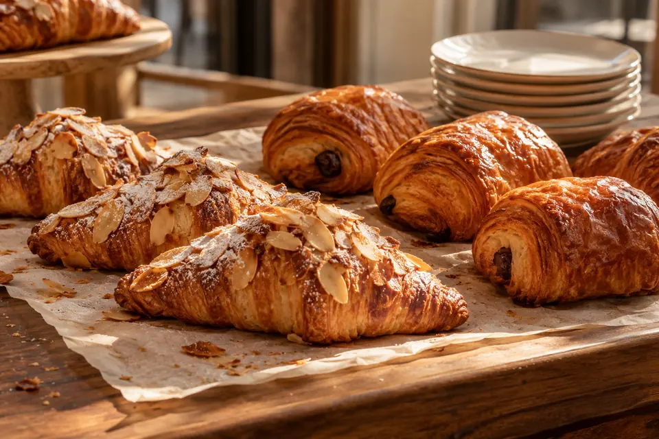 Fresh almond croissants and pain au chocolat on a parchment-lined café counter.