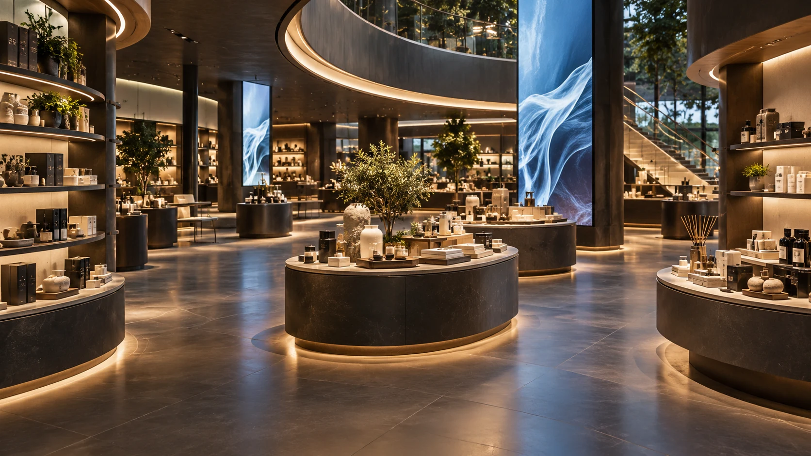 Futuristic retail store with curved displays and integrated digital screens