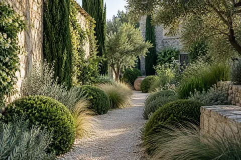 A secluded garden path between sculptural shrubs and soft grasses.