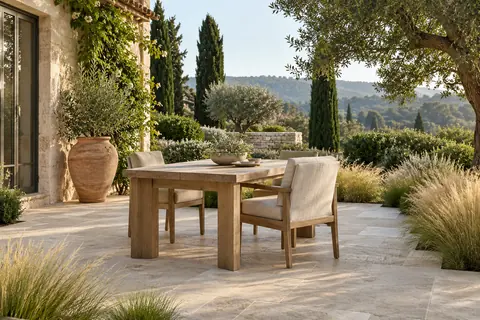 An oak outdoor table and linen chairs on a limestone garden terrace.
